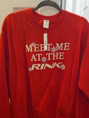PINK Victoria's Secret Red 'Meet Me at the Rink' Crewneck Sweatshirt NWTS..SZ L
